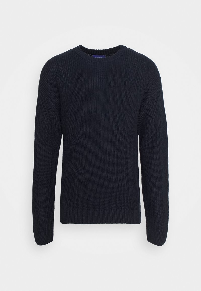 Marineblaue Strickjacke, Rundhalsausschnitt, lange Ärmel, strukturiertes Gewebe, gerippter Saum und Bündchen. Keine sichtbaren Muster oder Logos.