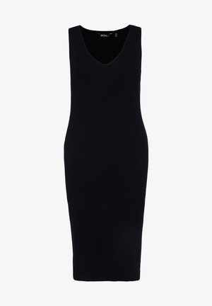 Abito tricot nero elegante con scollatura a V, senza maniche e silhouette aderente che arriva fino a metà polpaccio.