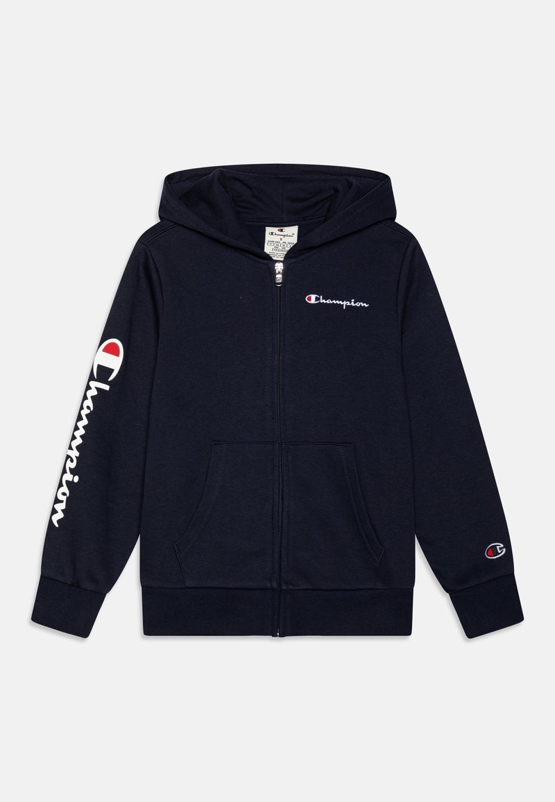 Sweat à capuche zippé Champion bleu marine avec poches avant, capuche et logo Champion blanc sur la poitrine, la manche gauche et le poignet.