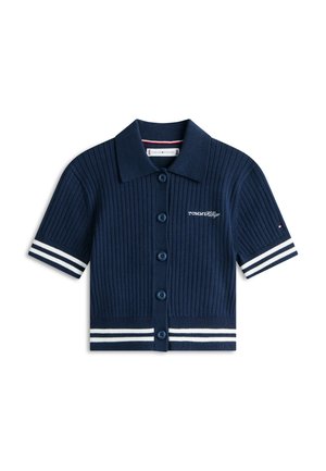 Navy ribbed short-sleeve polo with a button front, white stripe accents on sleeves and hem, featuring embroidered logo on the chest.
