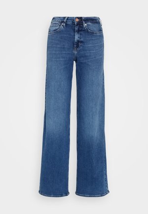 Wide-leg blue denim jeans with a high waist, five-pocket design, and subtle fading, featuring a button and zipper closure.