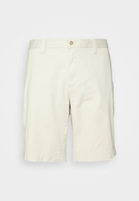 Pantaloni corti in cotone beige con taglio dritto, dotati di chiusura frontale con bottone e tasche. Il tessuto è liscio con una finitura opaca.