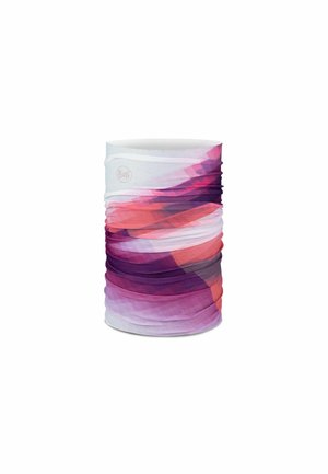 Seamless tubular fabric neck gaiter with abstract pink, purple, and white geometric patterns and a small Buff logo on the side.