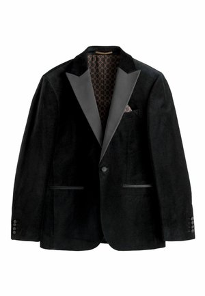 Čierny sametový blazer so saténovými špicatými klopami, dvoma prednými vreckami a vzorovanou výstelkou. Obsahuje vreckový štvorček. Prispôsobený strih a hladká štruktúra.