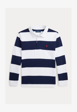 Marineblå og hvitstripet langermet polo skjorte med krage, med en rød logo på brystet og knappelukking ved halsen.