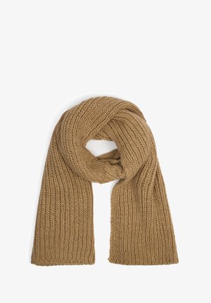 Eșarfă tricotată de culoare bej cald, cu o textură în dungi și un design moale, pufos. Capetele sunt terminate cu o margine curată.