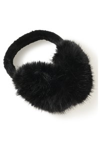 Cache-oreilles noirs et duveteux avec un bandeau épais et doux et des coussinets ronds et moelleux sur un fond blanc.