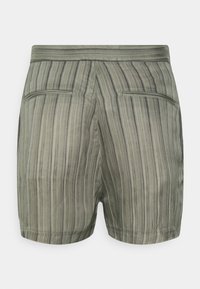Pantaloni corti in un tessuto leggero e testurizzato, caratterizzati da righe verticali verdi e grigie, con due tasche posteriori e un orlo dritto.