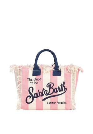 Borsa a tracolla a righe rosa e bianche con manici blu navy e bordi sfrangiati, con il testo "The place to be Saint Barth Summer Paradise."