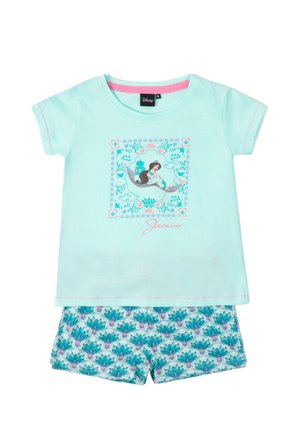 Conjunto de pijama para niñas en azul claro que incluye una camiseta con la Princesa Jasmine en una alfombra mágica y pantalones cortos con estampado floral en azul y morado.