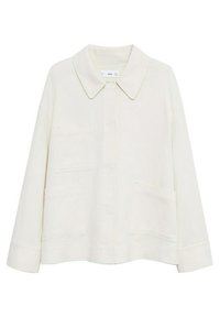 Lichtbeige jas van zacht materiaal, met een grote kraag, lange mouwen en twee voorzakken; relaxed fit met gestikte naden.
