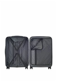 Valigia nera con due scomparti, dotata di un sistema di cinghie incrociate e una tasca con zip. L'interno presenta una fodera con motivo geometrico.