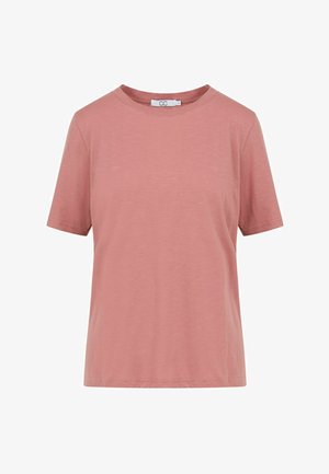 Solid dusty pink short-sleeve cotton T-shirt with crew neckline and a small white brand tag inside the collar.