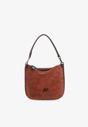 Borsa a tracolla rossa in suede con una sola tracolla, caratterizzata da zip in argento e un pulsante di accento turchese. Logo impresso sul davanti.