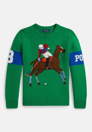 Grønn genser med et strikket design av en polo-spiller på en hest. Blå aksenter på ermene med teksten "POLO" og nummeret "8." Strukturelt strikket stoff.