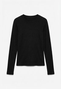 Μαύρο μακρυμάνικο πλεκτό τοπ με ριπ, στρογγυλή λαιμόκοψη, τοποθετημένο επίπεδα σε λευκό φόντο.