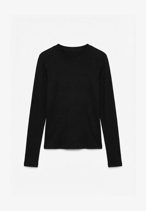 Svart, langermet ribbestrikket topp med rund hals, lagt flatt på hvit bakgrunn.