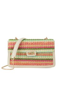 Geweven stoffen handtas met strepen in roze, groen en crème. Voorzien van een lichtgekleurde leren afwerking en een hardware sluiting in goudkleur.