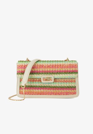 Geweven stoffen handtas met strepen in roze, groen en crème. Voorzien van een lichtgekleurde leren afwerking en een hardware sluiting in goudkleur.