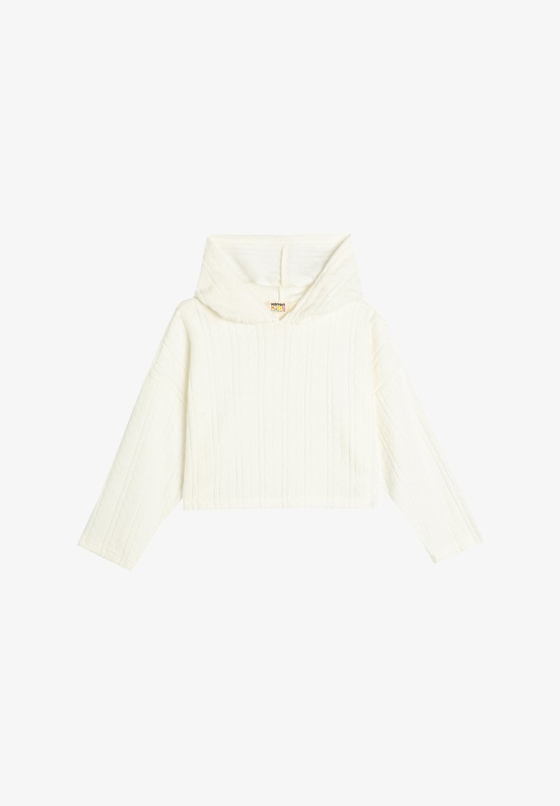 Hvid cropped hoodie lavet af tekstureret stof, med en stor hætte, lange ærmer og lodrette ribbet detaljer hele vejen rundt.
