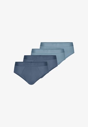 Vier paar heren slips in verschillende tinten blauw, met een gladde textuur en elastische taillebanden met geperst merklogo.