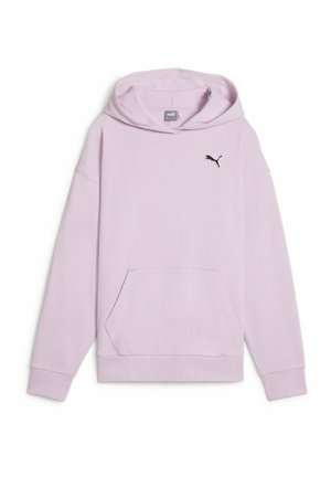 Sweat à capuche violet clair avec manches longues, poche kangourou devant et petit logo Puma noir sur la poitrine.