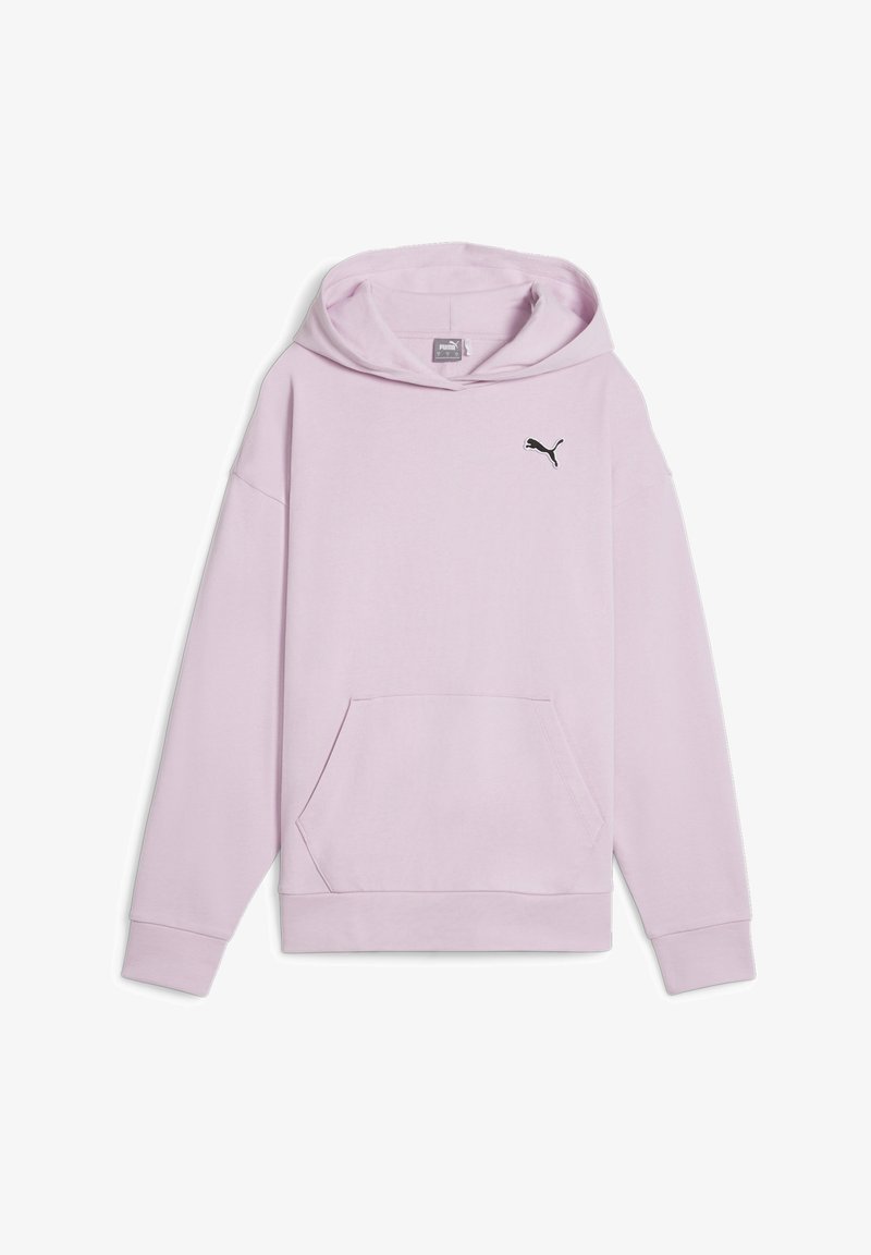 Sweat à capuche violet clair avec manches longues, poche kangourou devant et petit logo Puma noir sur la poitrine.