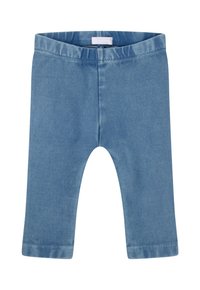 Lichtblauwe denim legging met een elastische tailleband, rechte benen en een zachte textuur. Geen zichtbare patronen of hardwaredetails.