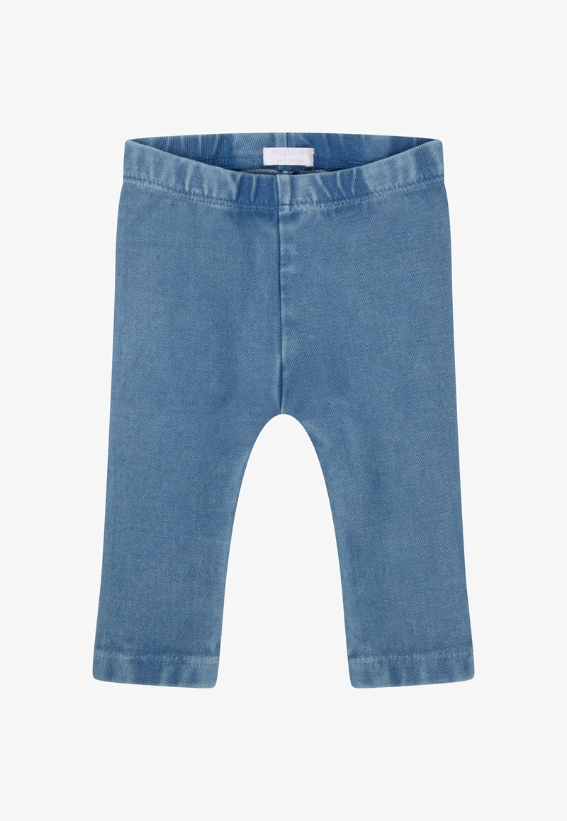 Lichtblauwe denim legging met een elastische tailleband, rechte benen en een zachte textuur. Geen zichtbare patronen of hardwaredetails.