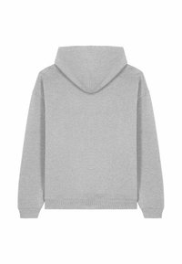 Felpa grigia con una texture morbida, dotata di cappuccio, maniche lunghe e polsini e orlo a costine. Visione posteriore liscia senza tasche o loghi.