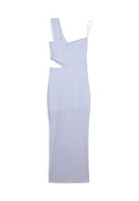 Robe longue ajustée de couleur bleu clair, dotée d'un design à une épaule, d'une découpe sur le côté et d'un tissu lisse et extensible.