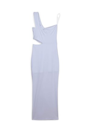 Lungo abito aderente di colore azzurro chiaro, con design a spalla unica, taglio laterale e tessuto morbido ed elasticizzato.