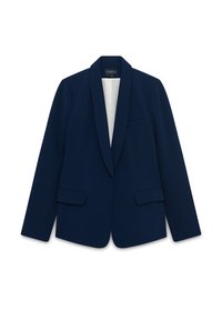 Blazer blu navy con colletto a scialle, chiusura a un bottone, due tasche frontali e una texture liscia. L'interno è foderato in un colore a contrasto.