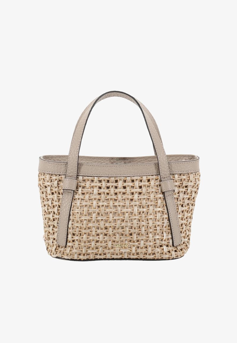 Petit sac à main rectangulaire tissé beige avec des anses et une bordure en cuir taupe, présentant un nom de marque subtilement embossé sur le devant.