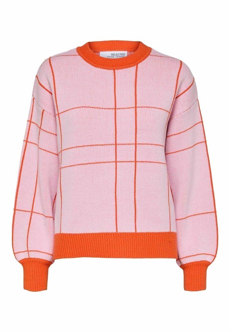 Rosa stickad tröja med orange rutmönster, orange ribbade mudd, nederdel och rundad halsringning.