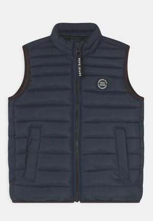 Chaleco acolchado sin mangas azul marino con cremallera frontal, bolsillos laterales y logotipo circular de Pepe Jeans London en el pecho izquierdo.