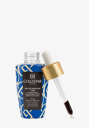 Flacon bleu et or à motifs du concentré autobronzant Collistar Face Magic Drops avec compte-gouttes ouvert montrant un liquide foncé.