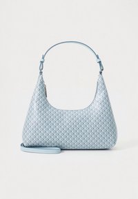 Svetlo modra torbica s trikotnim vzorcem, izdelana iz gladkega materiala. Ima en ramenski trak in snemljiv dolg trak.