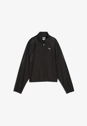 Veste zippée noire Puma avec manches longues, col montant, motif floral subtil et logo Puma blanc sur la poitrine gauche.
