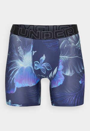 Pánske boxerky v tmavomodrej látke s tropickým kvetinovým vzorom v odtieňoch modrej a fialovej, s čiernym elastickým pásom s logom.