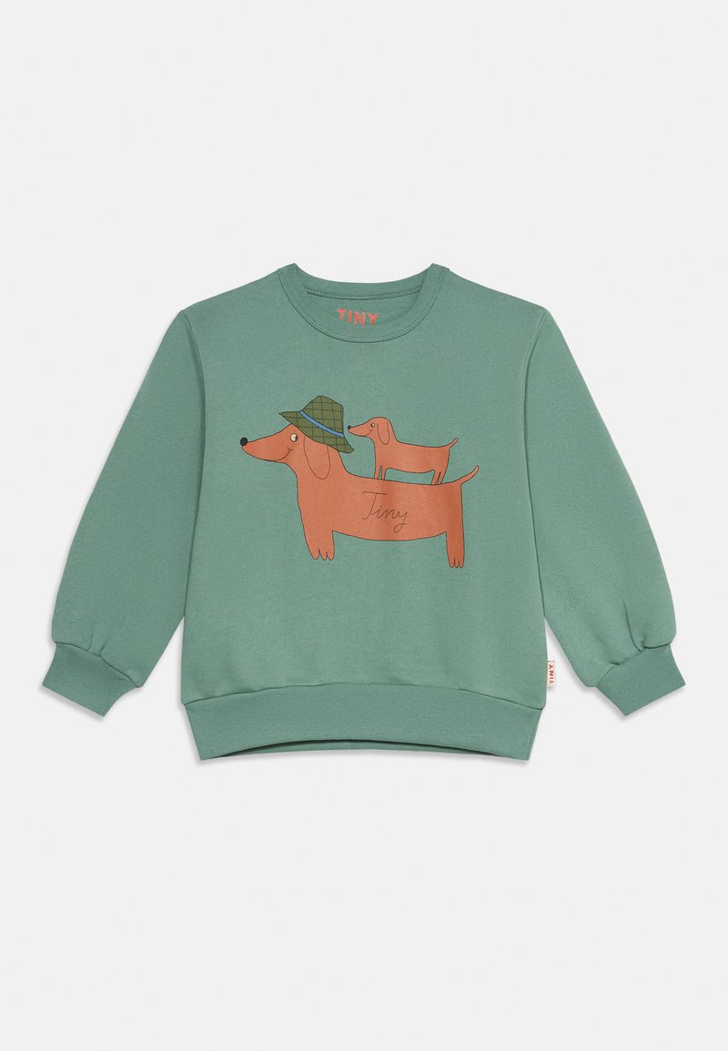 Sweat-shirt vert pour enfants avec des illustrations de deux teckels orange, dont un portant un chapeau vert et le mot "Tiny" sur le chien plus grand.