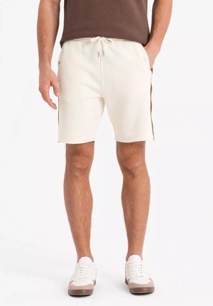Shorts pour hommes en crème, en tissu doux, dotés d'une taille élastique avec cordon de serrage, de deux poches latérales et d'accents latéraux marron.