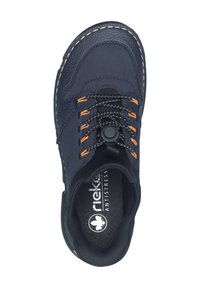 Navy blue lace-up shoe with textured leather, contrasting orange accents, a round toe, and a padded interior. Features a circular fastening.