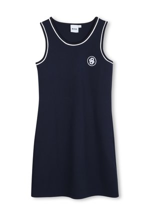 Marineblauwe mouwloze jurk met witte afwerking, voorzien van een cirkelvormig logo op de borst, gemaakt van een gladde stof met een normale pasvorm.
