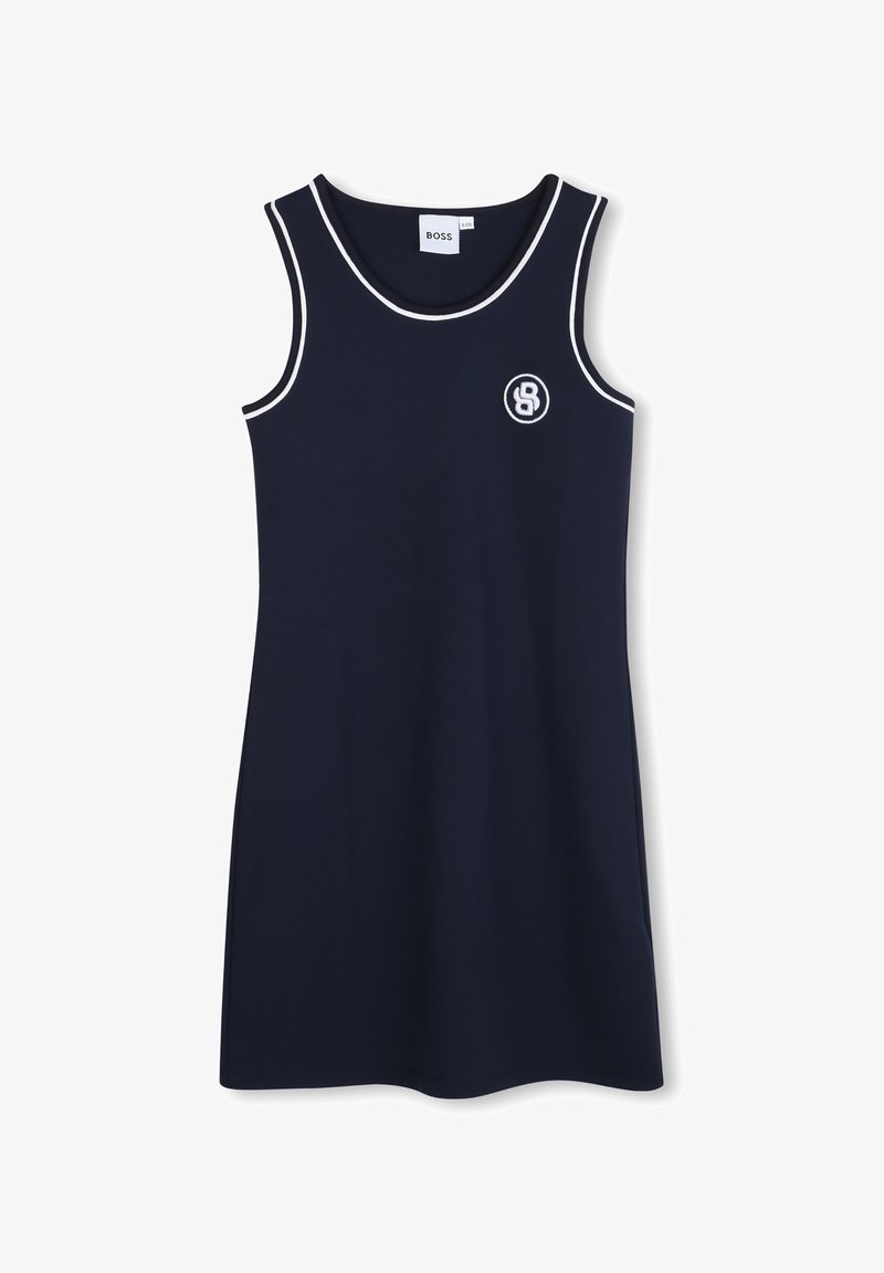 Robe sans manches bleu marine avec des bordures blanches, ornée d'un logo circulaire sur la poitrine, fabriquée à partir d'un tissu lisse avec une coupe régulière.
