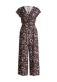 Leopardenmuster-Jumpsuit mit V-Ausschnitt, kurzen Ärmeln und weitem Bein. Hergestellt aus weichem Stoff mit gerafftem Bund und einem Schlüsselloch-Rücken-Detail.