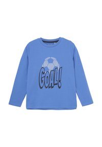 Plava dugorukava majica od pamuka. Na prednjoj strani nalazi se grafika nogometne lopte i riječ "GOAL!" u podebljanom, crnom slovu.