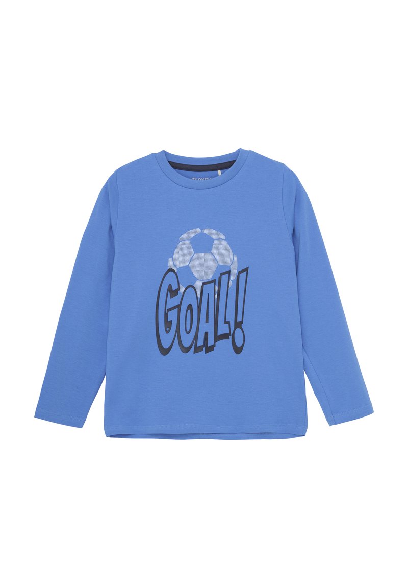 Plava dugorukava majica od pamuka. Na prednjoj strani nalazi se grafika nogometne lopte i riječ "GOAL!" u podebljanom, crnom slovu.