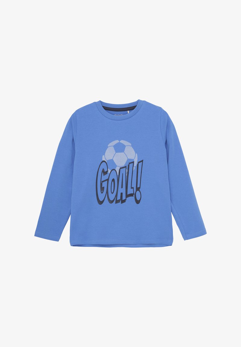 Blaues Langarm-T-Shirt aus Baumwolle. Die Vorderseite zeigt ein Grafik eines Fußballs und das Wort "TOR!" in fetter, schwarzer Schrift.