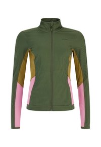 Zelená zipsová bunda s vysokým golierom, ktorá má na rukávoch a stranách panely v ružovej a hnedej farbe v štýle blokovania farieb, s ribbovanou textúrou.
